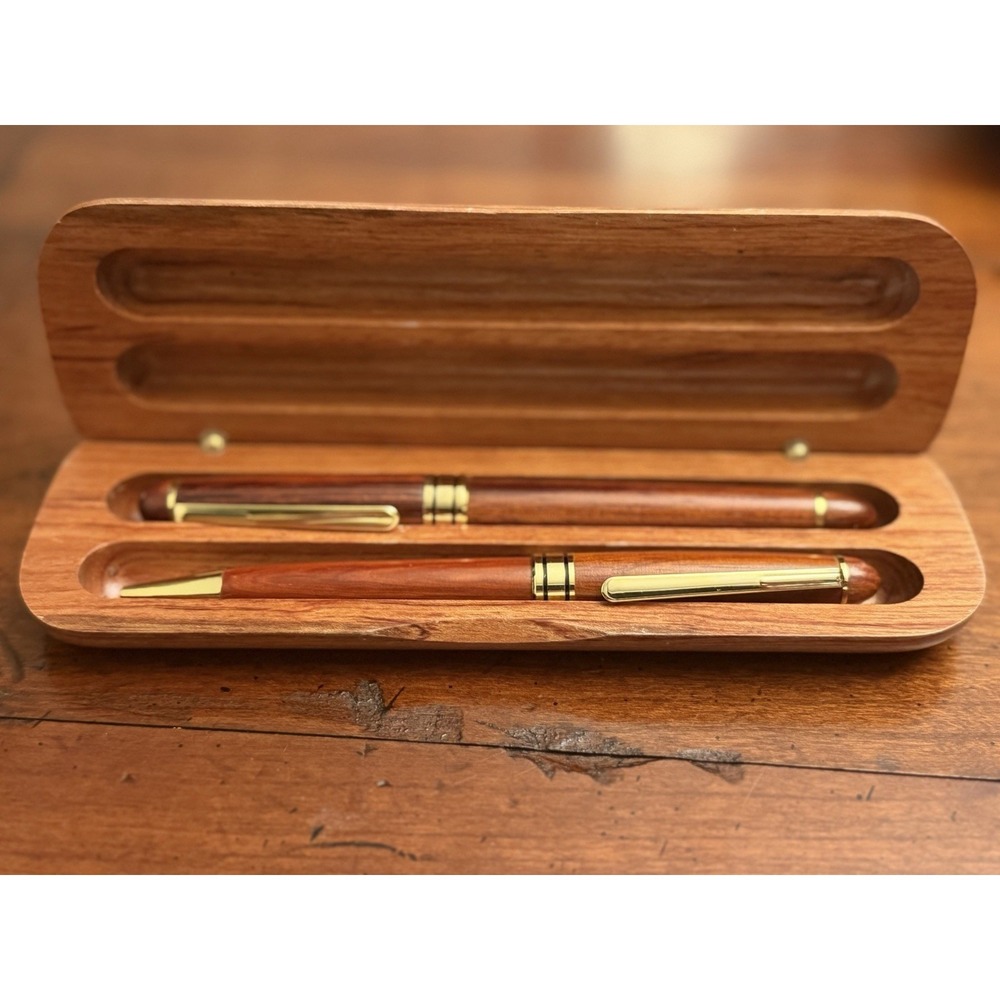 Vintage Rosewood Pen & Pencil Set w/Matching Wooden Display Case Gold Accents